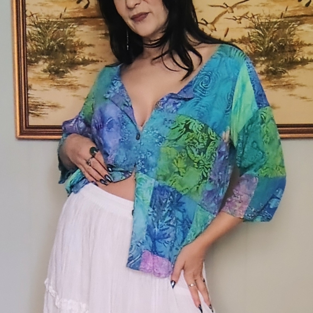 Vintage 90s Blue Batik Patchwork Button-Up Long-S… - image 1